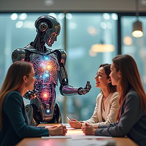 Coverbild zum Projekt "EgTAI" (KI Bild zeigt Unterhaltung mit Menschen und Roboter)