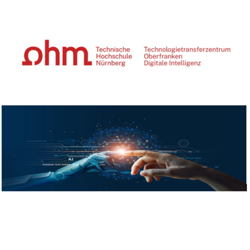 Coverbild zum Projekt "Technologietransferzentrum (TTZ) Oberfranken: Digitale Intelligenz" (Logo der Ohm und Nachstellung des Gemäldes "Die Erschaffung Adams" mit einem Roboter Arm)