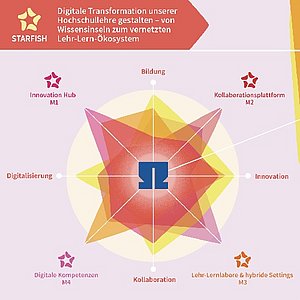 Coverbild zum Projekt "Starfish - Digitale Hochschullehre" (Stern Diagramm mit Begriffen wie Bildung, Digitalisierung und mehr.)