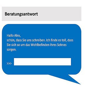 Coverbild zum Projekt "KIA - KI-Assistenz für die psychosoziale, digitale Beratung" (Beratungsantwort in einer Sprechblase, dargestellt als chatverlauf)