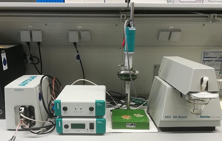 Von links nach rechts:  Potentiostat, Interface, Rotierende Ring-Scheibenelektrode, Voltammeter 663 VA Stand der Firma Metrohm