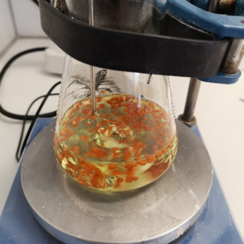 Coverbild zum Projekt "EEPP - Ersatz von Ewigkeitschemikalien in protonenleitenden Membranen für PEM-Brenstoffzellen" (Erlenmeyerkolben mit Chemikalien drin)