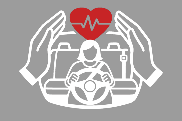 Schematisches Logo einer Autofahrerin sinnbildliche Herzschlagmessung und Hände