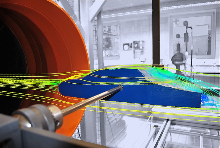 Automodell im Windkanal mit Ergebnissen der Strömungsberechnung überlagert.