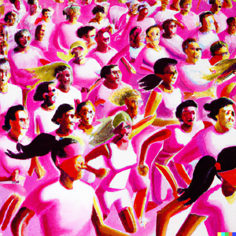 DALL·E 2023-03-06 17.52.08 - painting in bright pink of a lot of running men and women, all smiling, competing in a race.png