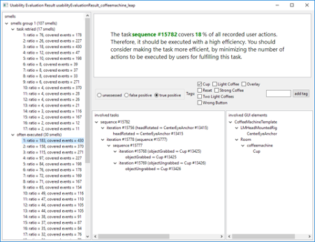 Interface of AI-based interaction evaluation using the example of a user test for a coffee machine.